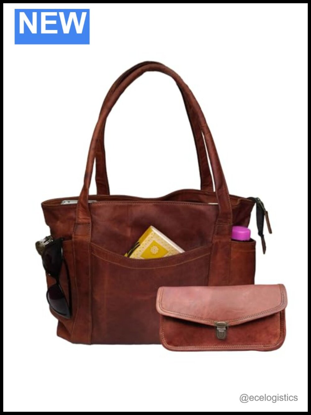 Genuine Leather Women's Tote Bag Shoulder Handbag with Clutch - Vintage Style